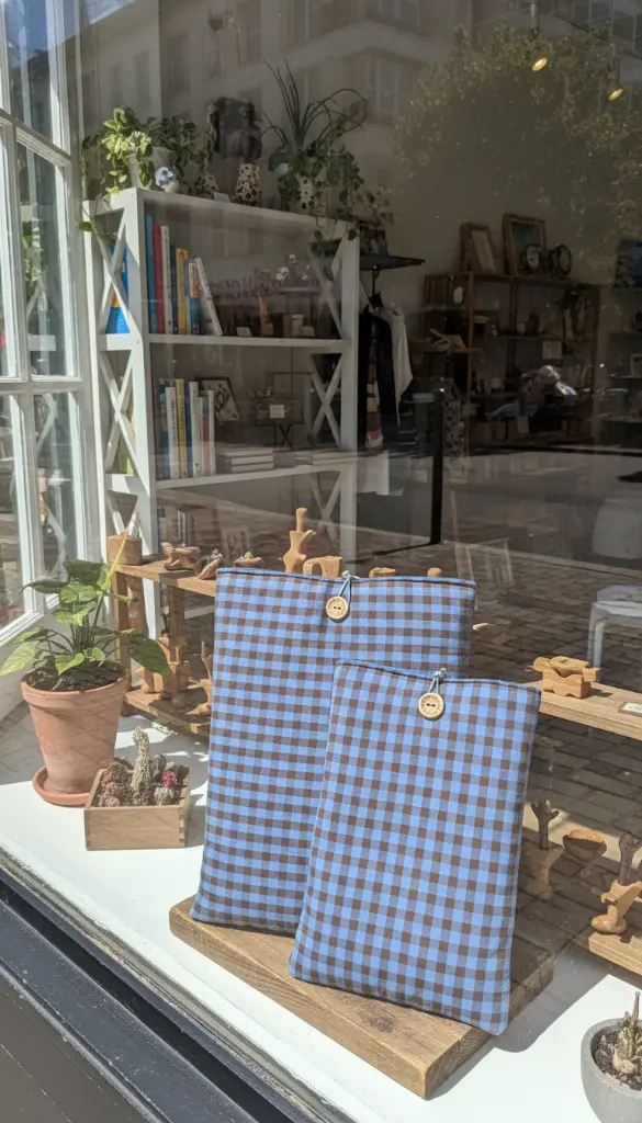 Funda de libro acolchada vichy azul/marrón