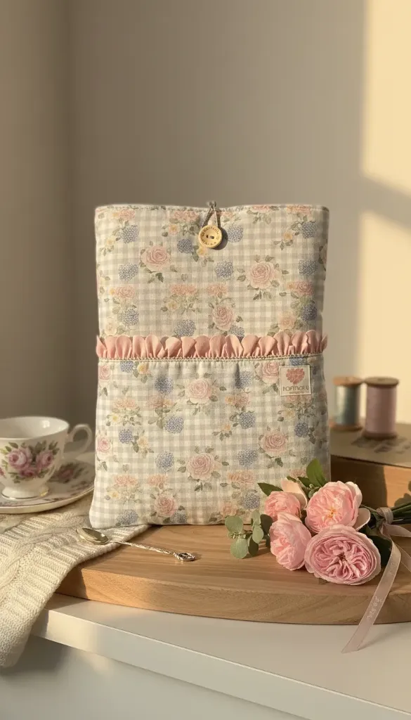 Funda de libro acolchada vichy flores celeste con bolsillo (Sin personalización)