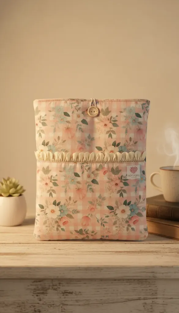 Funda de libro acolchada vichy flores beig con bolsillo